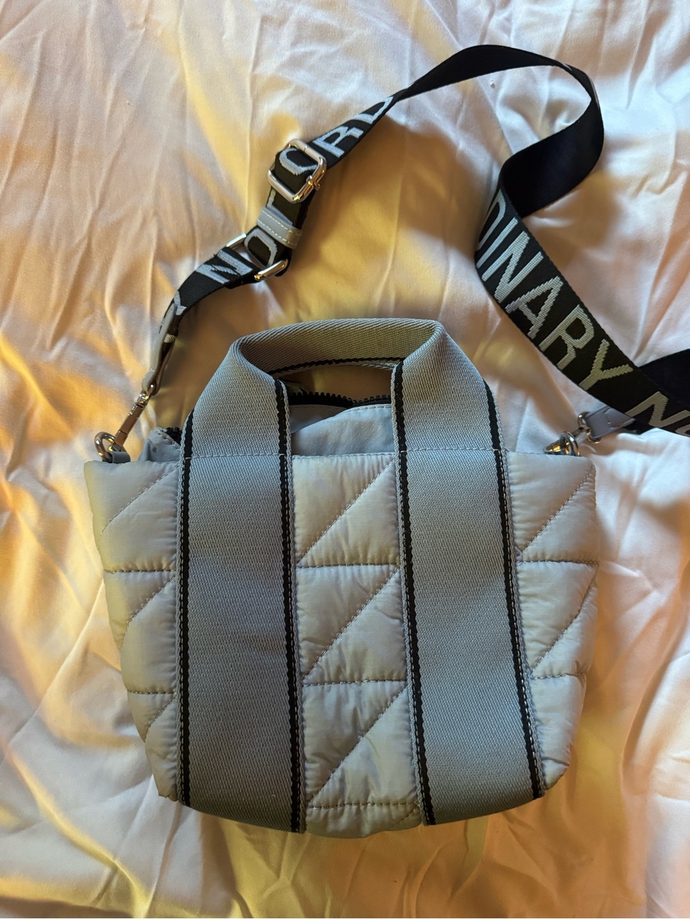 Zara Quilted Light Blue Crossbody Tote with Black Logo Strap